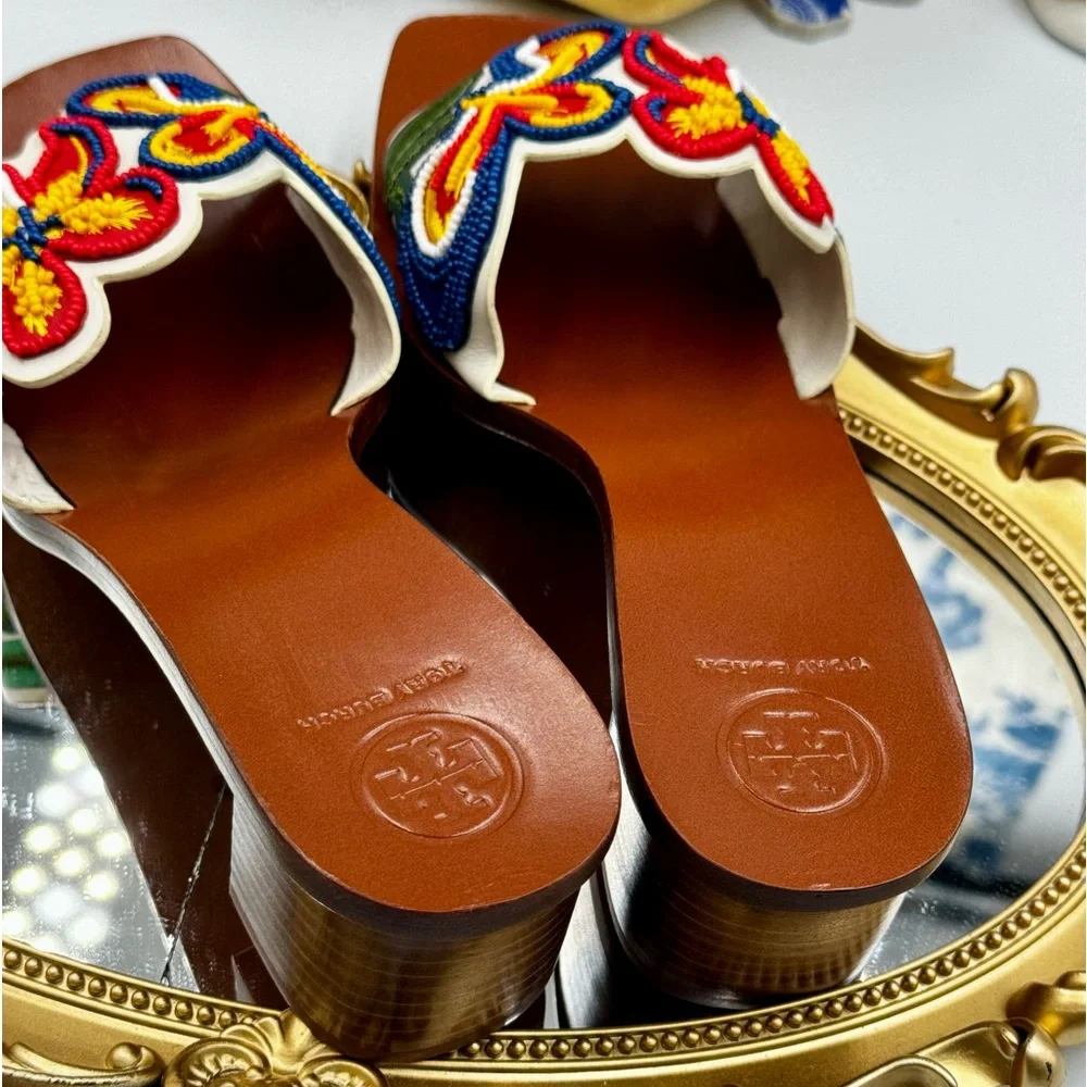 🆕 TORY BURCH 🧿 NWOB Bianca Floral Bead Embellished Slide Sandal, Sz 6.5